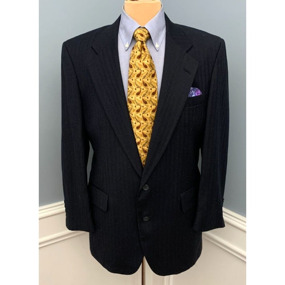Vintage Jos A Bank Blazer Mens 40R Wool Herringbone Dark Navy Jacket Sportcoat
